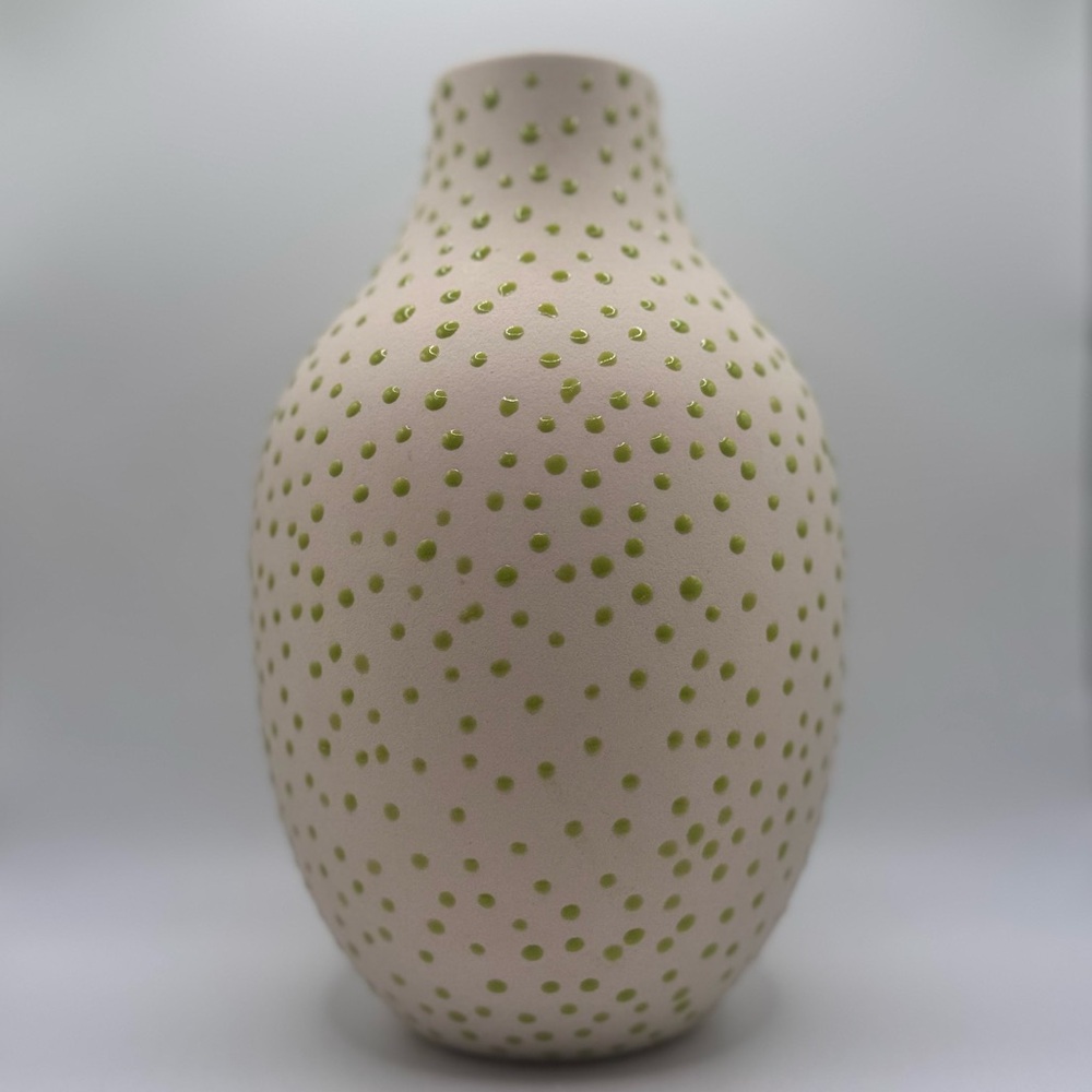 Anthropologie Beige Ceramic Vase with Green Polka Dots, Brand New